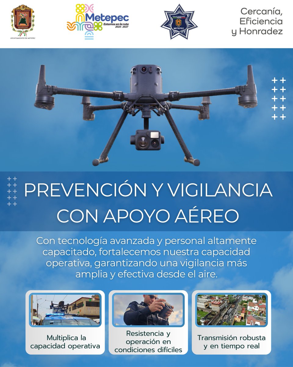 La Policía Municipal de Metepec refuerza sus labores de prevención y vigilancia con apoyo aéreo, utilizando tecnología de vanguardia para proteger a la ciudadanía y fortalecer la respuesta operativa en todo el municipio.

#Metepecc #policíamunicipal #seguridad #tecnología