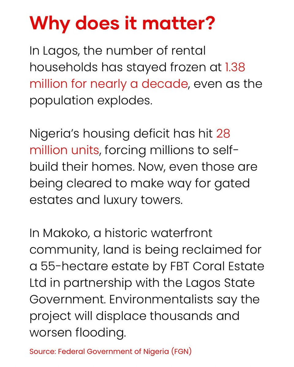wearegst's tweet image. A housing apartheid is a situation where only the wealthy can afford to live with dignity while the poor are pushed out of the city they built.

And that is what the Lagos State government seems to be striving for. From demolishing homes to reclaiming lands, ordinary people are…