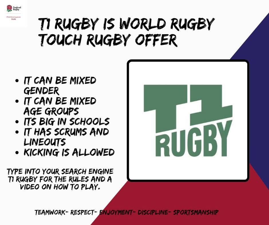 <a href="/T1RugbyEngland/">T1 Rugby England</a> is the England Rugby adopted format of the non-contact game. 

A viable option to diversify your club offer, increase your membership and generate additional revenue. 

For more info/resources visit the link below; 

englandrugby.com/run/coaching/d…