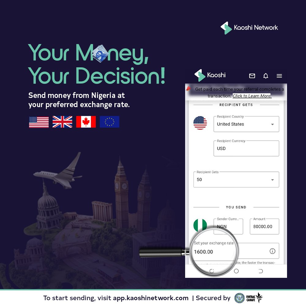 Send money from Nigeria to 30+ countries including UK, USA, Canada and Europe at your preferred rate, and at lightning speed with Kaoshi. 

Click the link in our bio to get started.