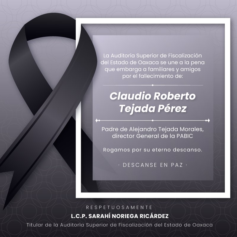 Quienes integramos la #ASFE expresamos nuestro más sentido pésame a <a href="/tejada_m01/">Alejandro Andrey Tejada Morales</a>, Director General de la <a href="/PABIC_GobOax/">PABIC_GobOax</a> por el sensible fallecimiento de su padre, Claudio Roberto Tejada Pérez.

En estos momentos de dolor, extendemos nuestra solidaridad y un abrazo fraterno.