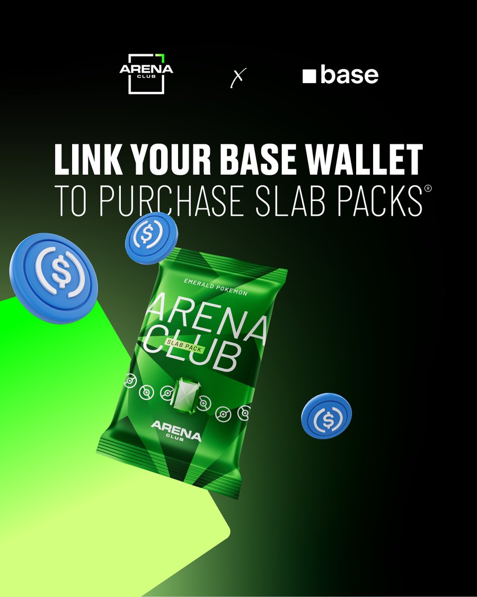 Arena Club x Base 프로모션 이미지: 에메랄드 포켓몬 Slab Pack과 떠 있는 Base 코인