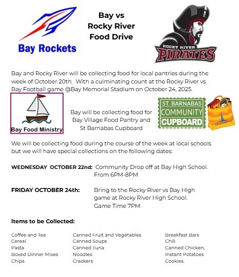 Help Bay High Key Club stock our city's food pantries AND beat Rocky River in the annual food drive challenge! Bring your nonperishable food items to the football game AT Rocky River TONIGHT. Volunteers will be collecting.