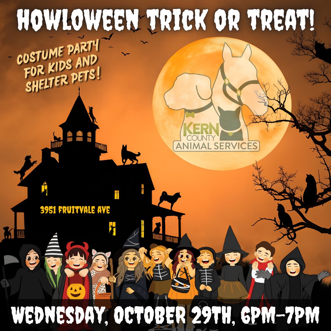 Join Kern County Animal Services for our 2nd Annual Howloween Trick-or-Treat event! 

This Wednesday night, Oct. 29th! 6-7pm! 3951 Fruitvale Ave!

📷 Costumed staff will be handing out treats for the kids and for our shelter pets.

📷 Our adoptable animals will be dressed up too!