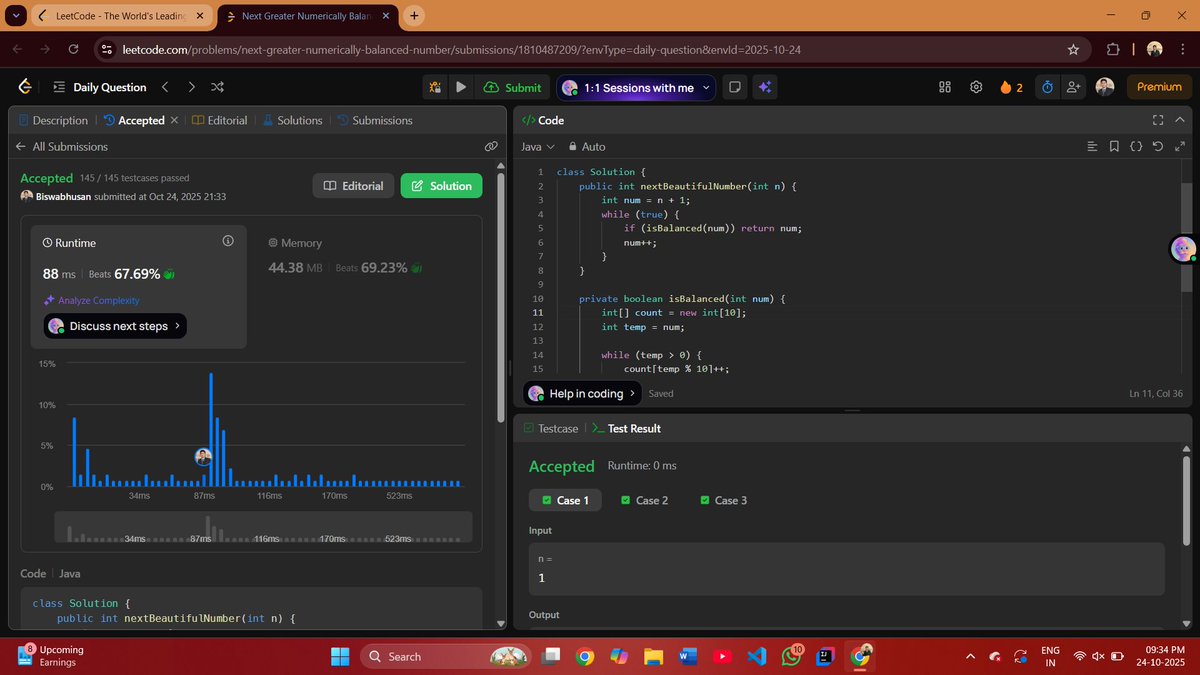 IAmBiswabhusan0's tweet image. Day 32/100 — Java DSA Challenge 🧩
Solved “Next Greater Numerically Balanced Number” on LeetCode today!
✅ Optimized Java solution
🏆 Runtime: 88 ms | Beats 67.69%
#100DaysOfCode #Java #DSA #LeetCode #CodingChallenge