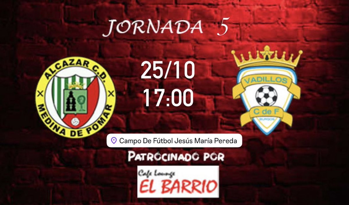 🔴🔵AFICIONADO🔵🔴
Este sábado  a las 17:00h juega nuestro equipo Aficionado contra el Vadillos CF Burgos
Esperamos que  los tres puntos se queden en casa!
Mucha suerte chicos!
🗓 25/10/25 Sábado
🕕 17:00
🏟️ C.M. Jesús María Pereda 

Patrocinado por Cafelounge El Barrio