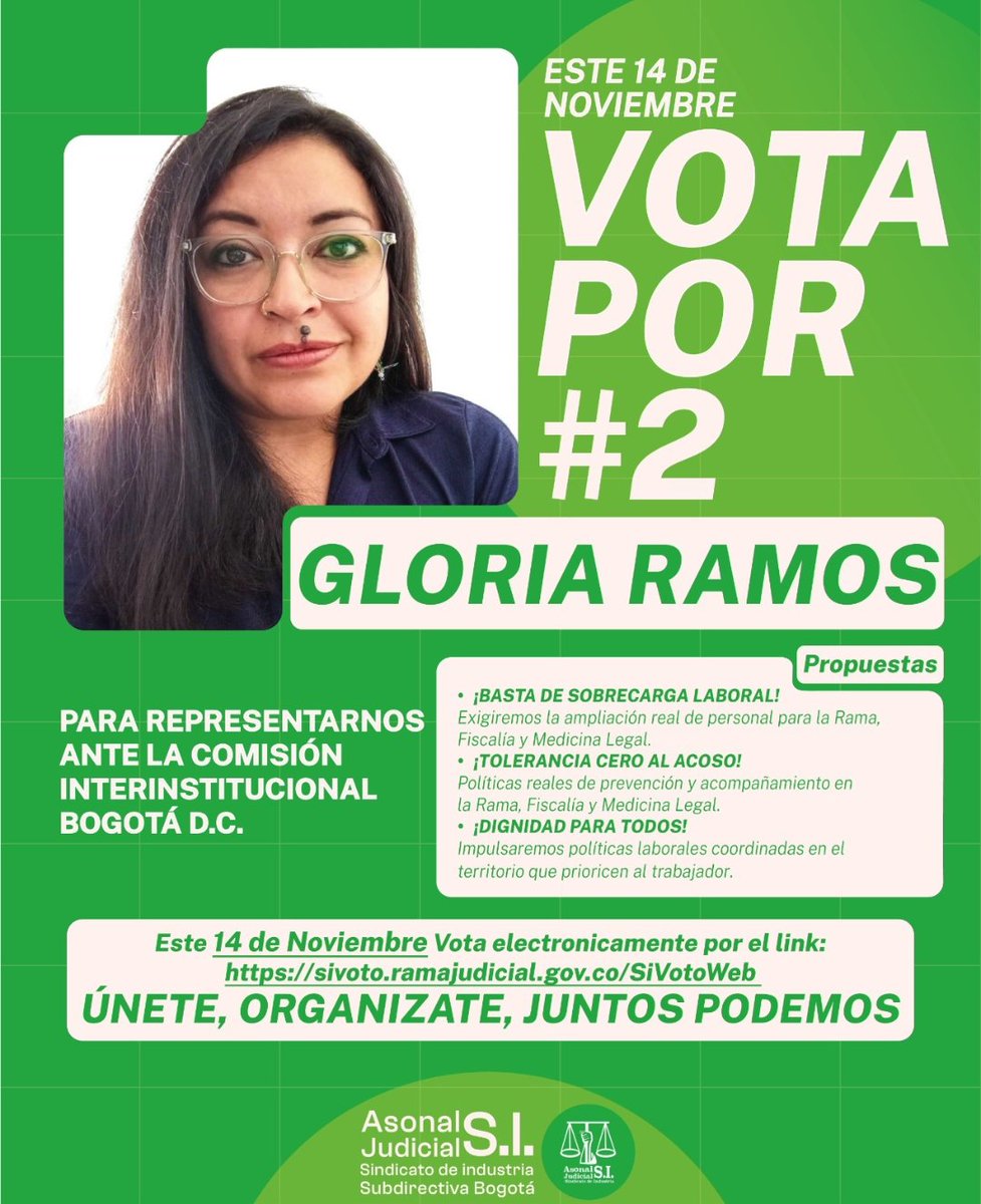 Vota este 14 de noviembre por #2 Gloria Ramos para frenar la sobrecarga laboral y el acoso en la Rama Judicial en Bogotá.

 ¡Organízate, juntos podemos!