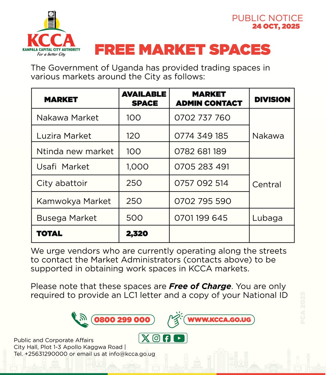 PUBLIC NOTICE: <a href="/GovUganda/">Government of Uganda</a> has provided over 2000 free work spaces in Various Markets in the City. 

#ForALiveableCity
