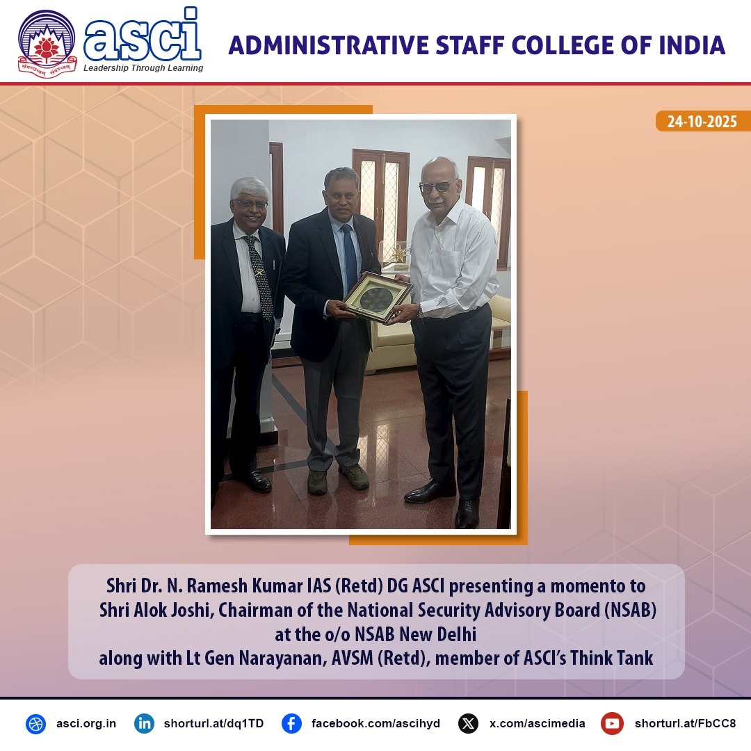 ASCIMEDIA's tweet image. On 24 Oct 2025, Sri N. Ramesh Kumar, IAS (Retd.), DG ASCI, met Sri Alok Joshi, Chairman, NSAB, along with Lt Gen Narayanan, AVSM (Retd.), a member of the ASCI Think Tank members at NSAB, New Delhi.

#ASCI #Leadership #CapacityBuilding #StrategicEngagement