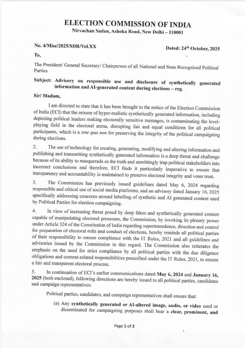 ECISVEEP's tweet photo. ECI issues advisory on responsible use and disclosure of #synthetically generated information and #Al generated content during elections
Details in images https://t.co/r3waWVuZvZ