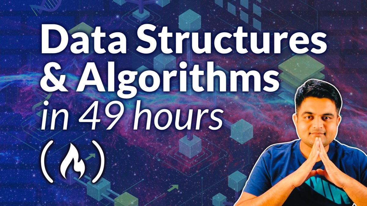freeCodeCamp's tweet image. If you're prepping for technical interviews, you likely have data structures and algorithms on the brain.
And this comprehensive (49 hour!) course covers all the most popular ones you'll run into during interviews.
You'll also learn about Big O Notation, sorting and searching,…