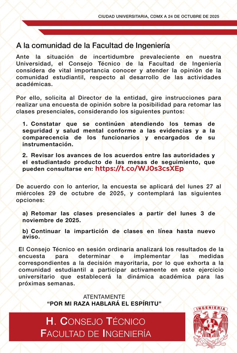 Mensaje del H. Consejo Técnico de la Facultad de Ingeniería.
Enlace: 
ingenieria.unam.mx/acciones_insti…