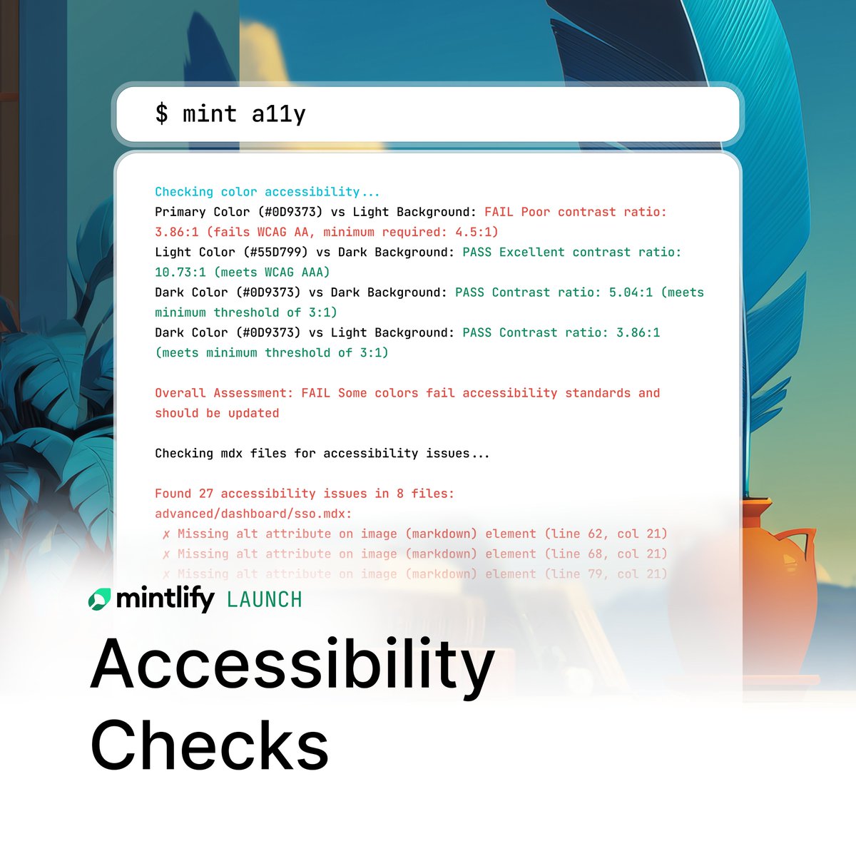 hahnbeeIee's tweet image. Over 1 billion people have a disability. Your docs should work for all of them.

Docs hosted on @mintlify are now more accessible:
- Keyboard navigation
- Screen reader support
- WCAG contrast standards
- Accessibility linting

Live now.