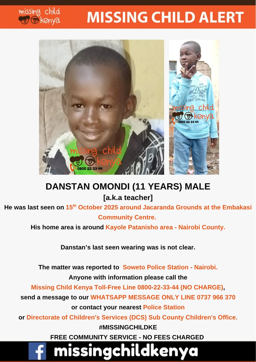 missingchild_ke's tweet photo. DANSTAN OMONDI (11 YEARS) MALE #MISSINGCHILDKE https://t.co/JS6jH1XdZf