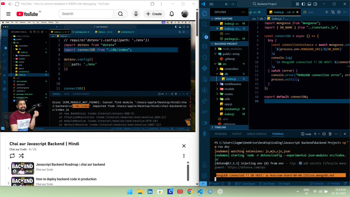 codeXninjaDev's tweet image. Day 8 of #BackendNinjaChallenge by @ChaiCodeHQ @Hiteshdotcom 
 
Connected MongoDB Atlas in MERN stack.
Setup MongoDB Atlas → DB User → IP Whitelist → .env secrets → connectDB() w/ error handling → nodemon + dotenv setup & debug logs.
Seeing MongoDB connected ✅ hit different