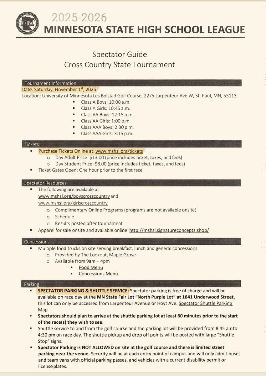 OwatonnaHuskies's tweet image. Spectators attending the MSHSL State CC Meet at the U of M Les Bolstad Golf Course on Sat 11/1, can purchase tickets at: mshsl.org/tickets See Spectator Guide for times, parking, program,etc. GOOD LUCK HUSKIES! @ohsoffice @voiceofohs @SteeleC_Times @ohsmagnet @OwatonnaNews
