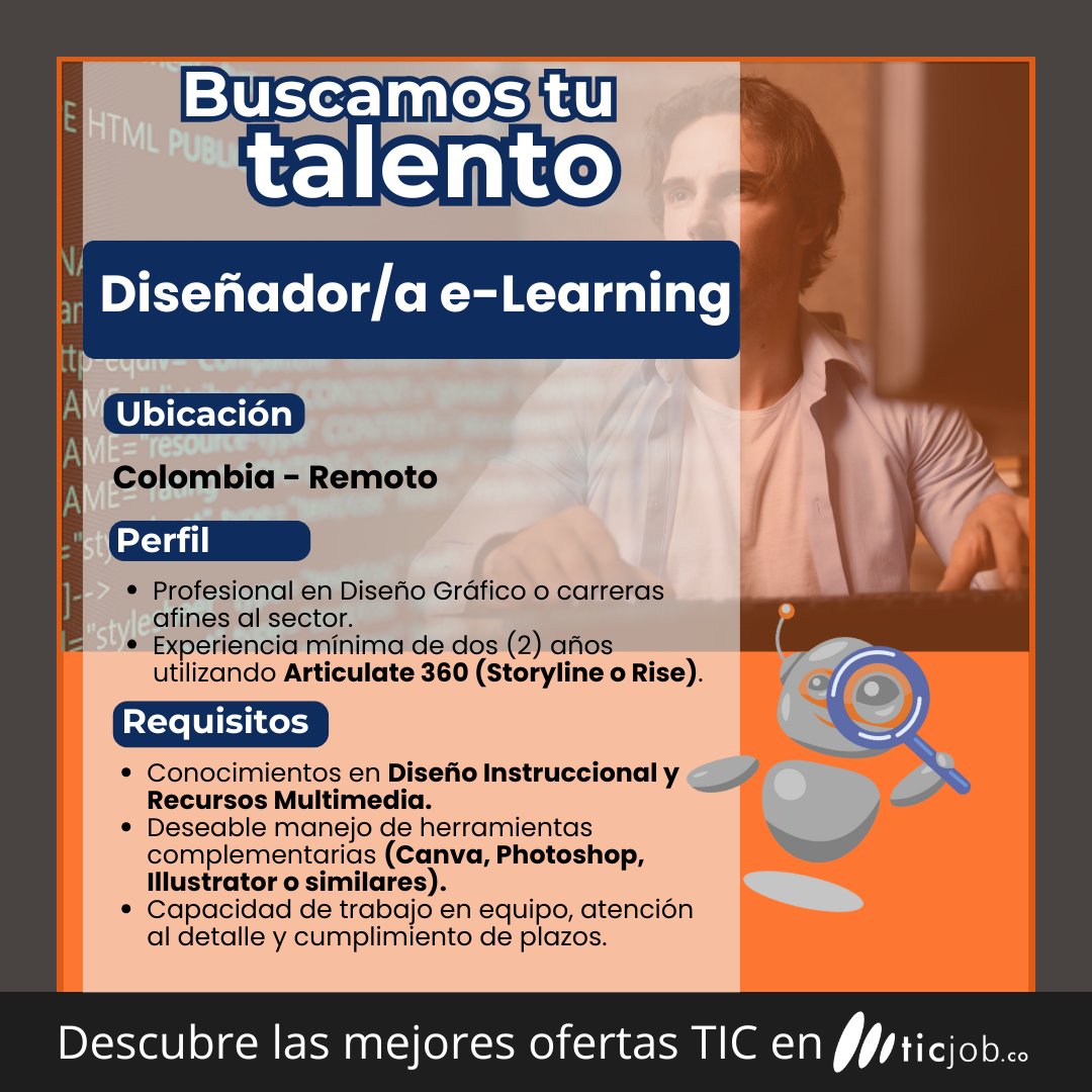 ticjobco's tweet image. Excelente viernes para todos. Si eres un #Diseñador #elearning y cuentas con experiencia mínima de dos años en #Articulate360,#Storyline, #Rise, #Canva #Photoshop e #Ilustrator esta oferta es para ti. Si cumples con los requisitos aplica🧐 lnkd.in/e8hgtSYH
