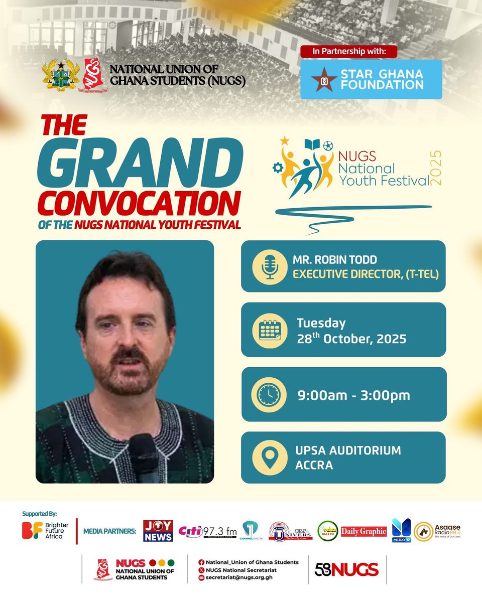 hon_sika's tweet photo. NNYF2025 - GRAND CONVOCATION🇮🇩
The Grand Convocation of the NUGS National Youth Festival 2025 proudly welcomes Mr. Robin Todd, Executive Director of Transforming Teaching, Education &amp; Learning - Ghana , as a distinguished speaker. https://t.co/4NtjUhNkxQ