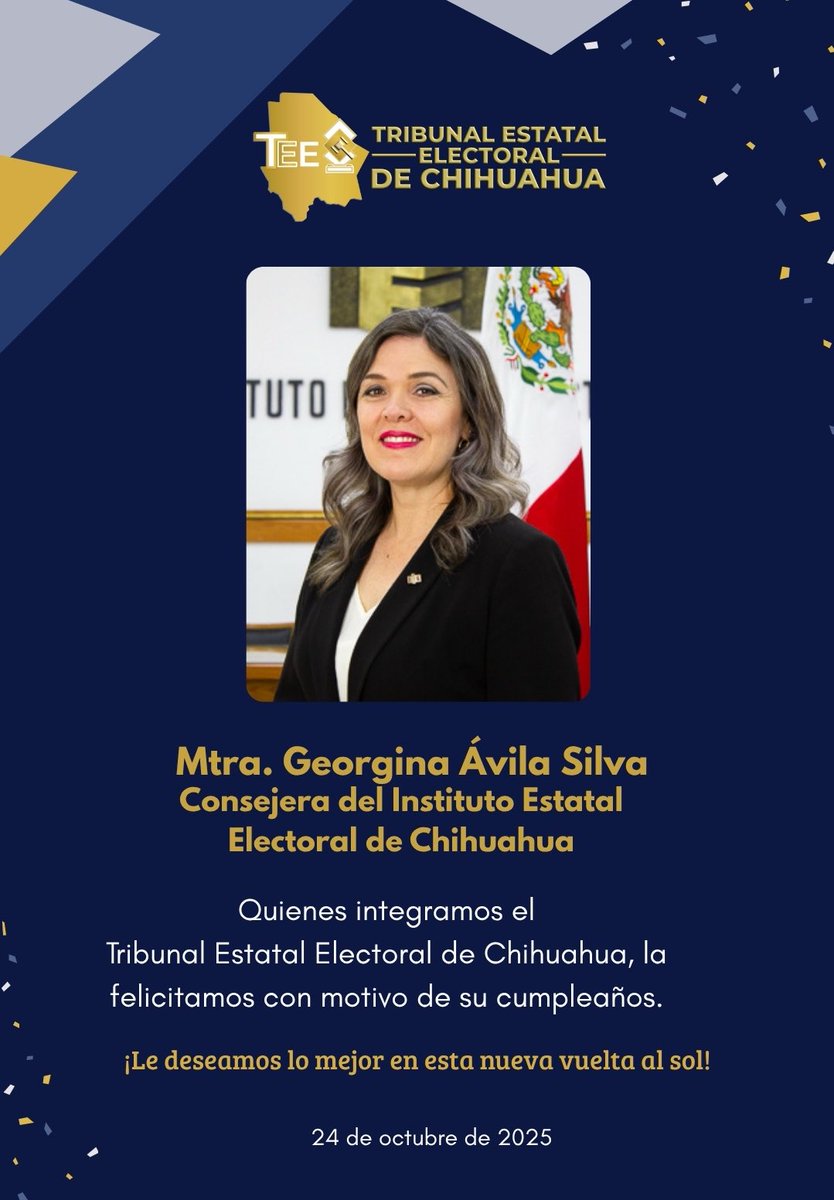 🥳 Felicitamos con motivo de su cumpleaños a la Mtra. Georgina Ávila Silva <a href="/Geoavilas/">Geo Avila</a>, Consejera del <a href="/IEEChihuahua/">Instituto Estatal Electoral de Chihuahua</a>. 

Reciba un afectuoso abrazo 🤗
