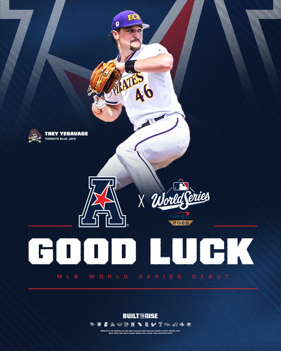 American_Conf's tweet photo. The 2024 American Pitcher of the Year ➡️ Starting Game 1 of the 2025 World Series⚾️

Good luck to Trey Yesavage &amp; @BlueJays 👏🏆

#BuiltToRise x #AmericanBSB https://t.co/XrBXV6Vi9A