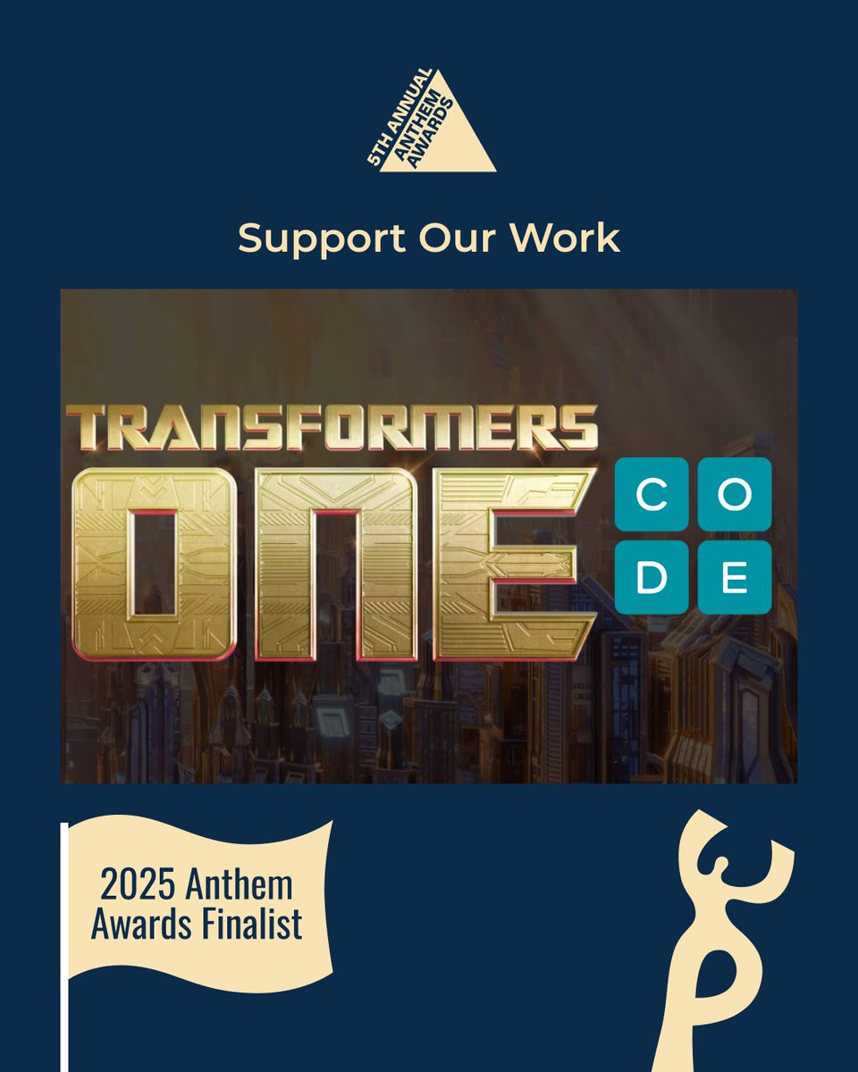codeorg's tweet image. We’re a finalist! Our Transformers One: Code the Fun activity has been named a finalist for an Anthem Award in Responsible Technology!Help us win the Community Voice Award. Vote by Oct 30: code.org/en-US/hour-of-…