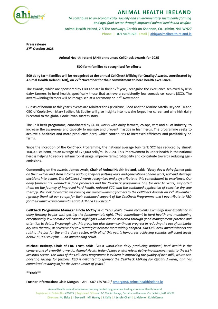 AHI is pleased to announce the CellCheck Milking For Quality Awards for 2025. 500 dairy farm families will be recognised at the annual Awards, coordinated by AHI, on the 27th of November for their commitment to herd health excellence. 
 #CellCheckAwards #irishagriculture