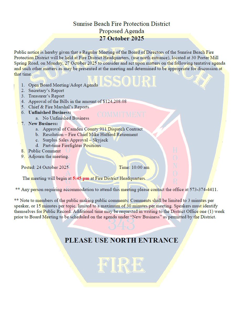 SBFPD's tweet image. Here is the agenda for Monday's Board Meeting, have a great weekend!