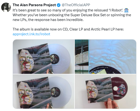 "Ha sido genial ver a tantos de ustedes disfrutando de la reedición de "I Robot". 🤖 Tanto si han estado desempaquetando la Caja Super Deluxe como escuchando los nuevos LP, la respuesta ha sido increíble."