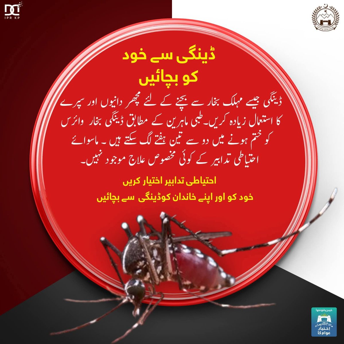 #ڈینگی سے خود کو بچائیں!!
ڈینگی بخار کی علامات میں شدید بخار، سر درد، آنکھوں کے پچھلے حصے میں درد، جوڑوں اور ہڈیوں کا درد، زکام، متلی و قے کا آنا اور جسم پر سرخ دھبوں کا نمودار ہونا شامل ہے۔
ایسی کسی بھی صورت میں قریبی ہسپتال کو رجوع کریں۔ #DengueAwareness#denguefeve