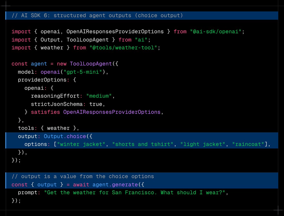 lgrammel's tweet image. AI SDK 6 beta update:
Moved structured outputs for generateText, streamText, and ToolLoopAgent from experimental to stable
Added Output.array and Output.choice options