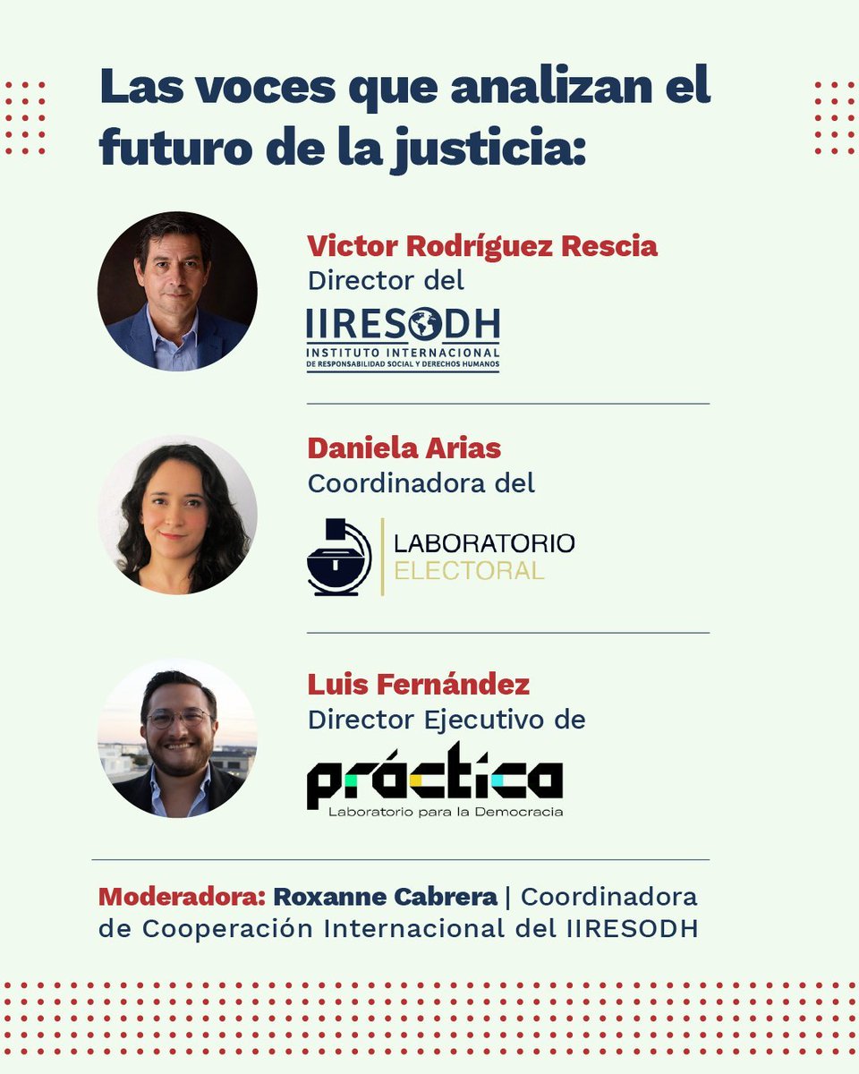 Pensemos en el futuro de la justicia: analicemos lo que viene. 

🗓️ Martes 28 de octubre de 2025  / 10:00 a.m. (CDMX / Costa Rica)

Registro vía: us06web.zoom.us/meeting/regist…
