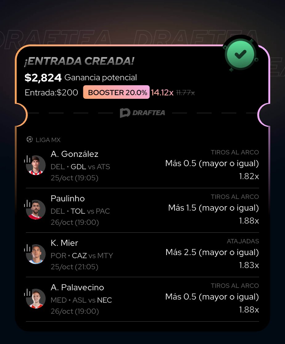 BOOSTER de LIGA MX en <a href="/Draftea_Mexico/">Draftea México</a> 🇲🇽 🚀 

Si se gana se van $400 para alguno que deje su interacción 🔄🫶

Código Draftea: UNTURBO para que te den 4 APUESTAS GRATIS 📲