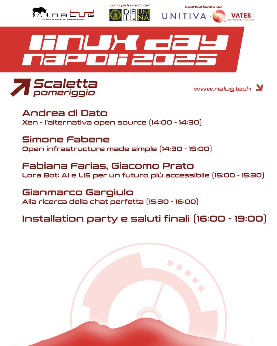 Ecco il programma del pomeriggio

#linuxday #linuxdaynapoli #LDNA25 #opensource #napoli