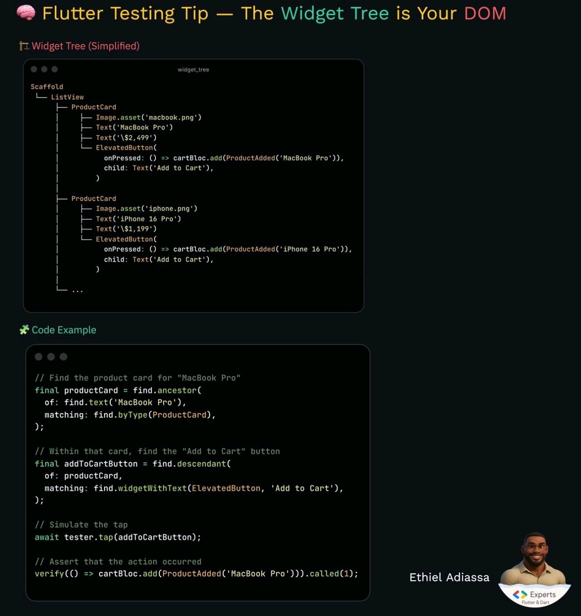 enthusiastDev's tweet image. 🔥 Flutter Testing Tip: The Widget Tree is Your DOM
One of Flutter’s most underrated superpowers lies in its testing API.
It lets you traverse and query the widget tree just like a browser’s DOM —
but with type safety, structure, and clarity.
You don’t need brittle widget…