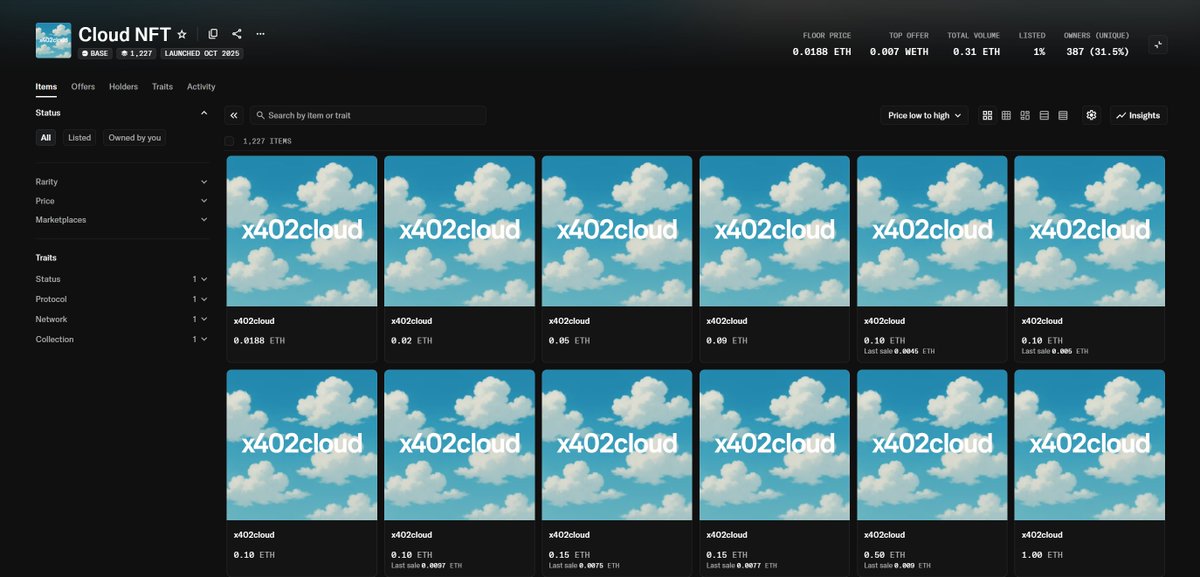 下午这个X402的NFT好像是真的，我以为是创业盘。现在看到opensea上面有合集了。官推也出来了，估计DEV也没想到居然打满，创业成功了吧。

官推：<a href="/Cloudx402/">Cloud402</a>
opensea 合集：opensea.io/collection/clo…

地板价出乎意料，等明天再看看吧。 #DYOR 

#x402  #NFT