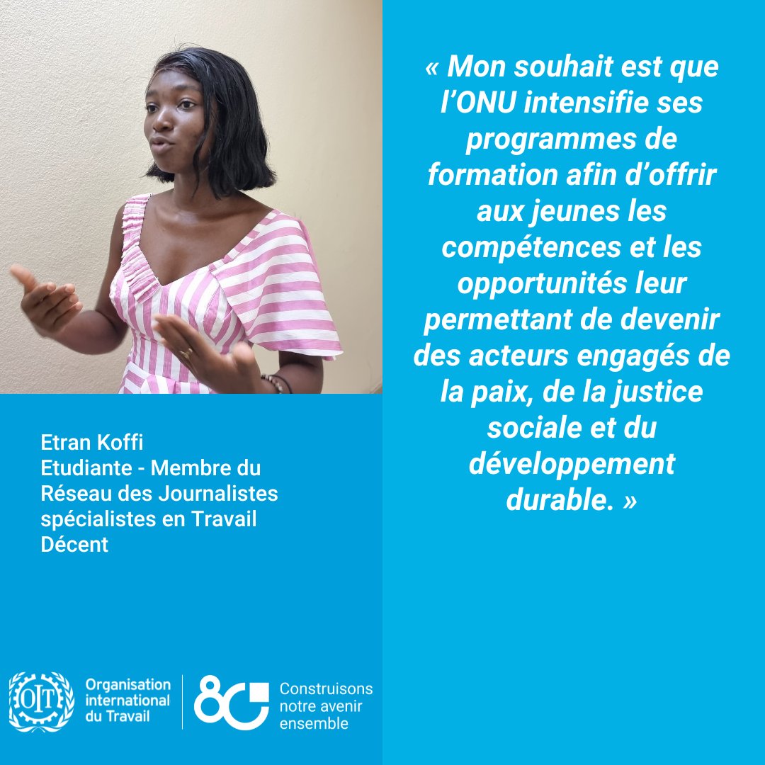 80 ans d’espoir en action de <a href="/ONU_fr/">Nations Unies (ONU)</a>.

À l’occasion de #ONU80, la voix des jeunes s’exprime !

Etran Koffi, du Réseau des Journalistes en #TravailDécent, rappelle l'importance de la promotion des compétences et de l’emploi des jeunes.

#UN80