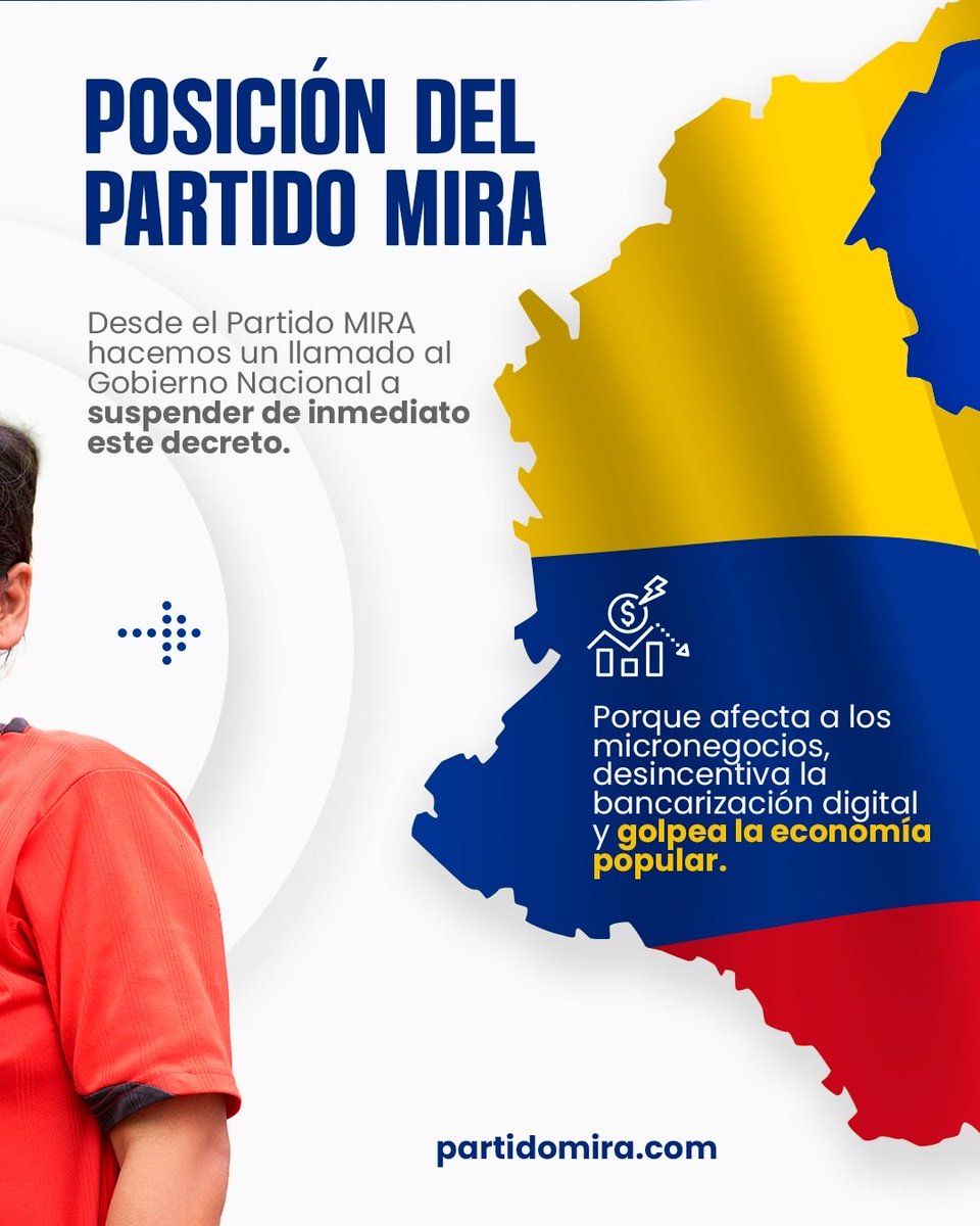 PartidoMIRA's tweet photo. ⚠️ Cada pago o transferencia tendría un descuento automático, incluso para quienes viven del día a día.
Eso no es justicia tributaria, es castigar al que menos tiene.

Desde el Partido MIRA hacemos un llamado al Gobierno Nacional a suspender esta medida, porque afecta la economía popular y frena la inclusión financiera.