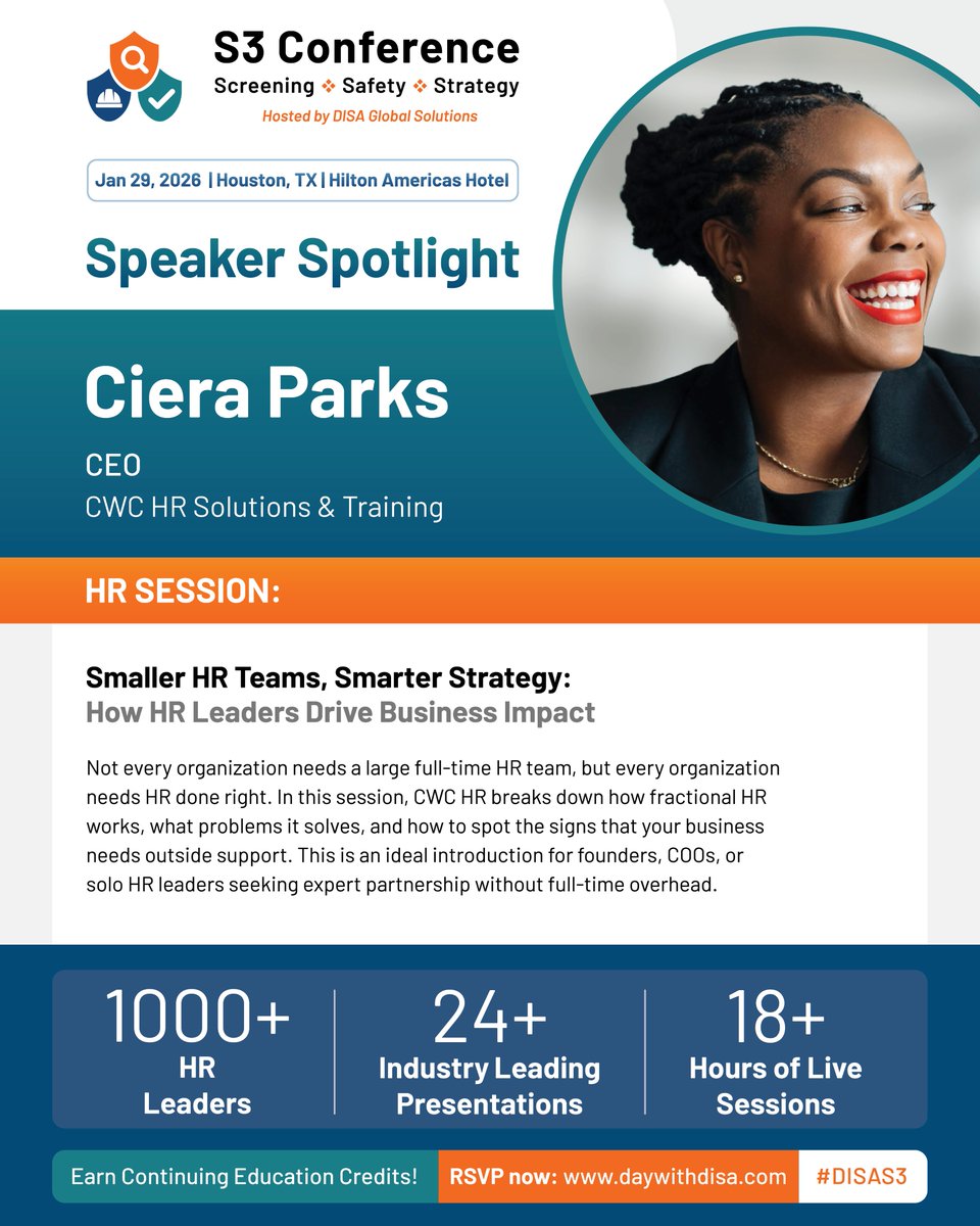 DISAGlobal's tweet image. 👋 Come meet Ciera Parks at #DISAS3 and earn #ContinuingEducationCredits! 

RSVP at tinyurl.com/bdhwnn6w

#EmployeeScreening #EmployeeSafety #HRStrategy #ContinuingEducation