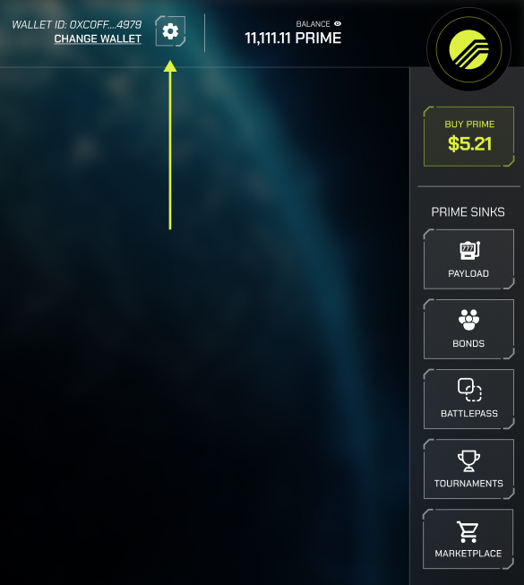 Your Primescore is a measure of how you've participated in the ecosystem in the current month.

If you are seeing '0' on your Primescore make sure to connect and save your wallet. To do this:

1) click on the cog in the top right or bottom right corners.