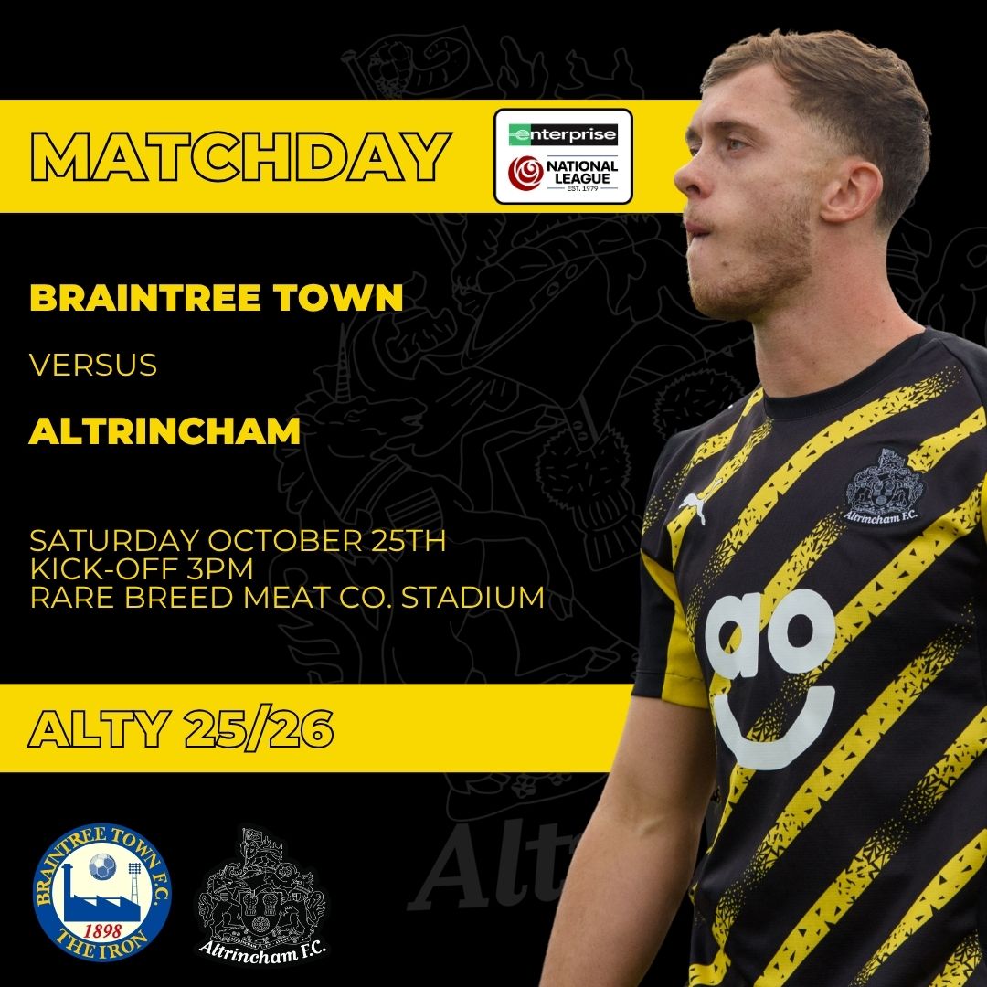 Today's challenge - <a href="/braintreetownfc/">Braintree Town FC</a> in <a href="/NL_Enterprise/">Enterprise National League</a> 💪

Safe travels if you're making the journey to back Neil and the lads - we'll see you in Essex 👊 or tune in to <a href="/RadioAlty/">Radio Alty</a> if you're following along elsewhere 👍

Preview 🔗 tinyurl.com/335c5dxd 

#YourTownYourClub