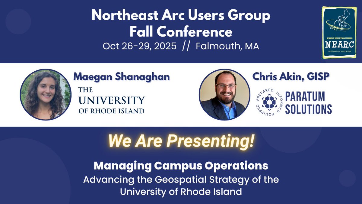 ParatumSol's tweet photo. Paratum's @ChrisAkin98 &amp; @UniversityofRI's Maegan Shanaghan are presenting at Northeast Arc Users Group (#NEARC) Fall Conference!

They are discussing URI's #GISStrategy, moving towards #DigitalTwin &amp; #ArcGISIndoors &amp; #3D implementations!

#CampusMapping #SmartCampus #EsriPartner https://t.co/XUJlHLpb4A
