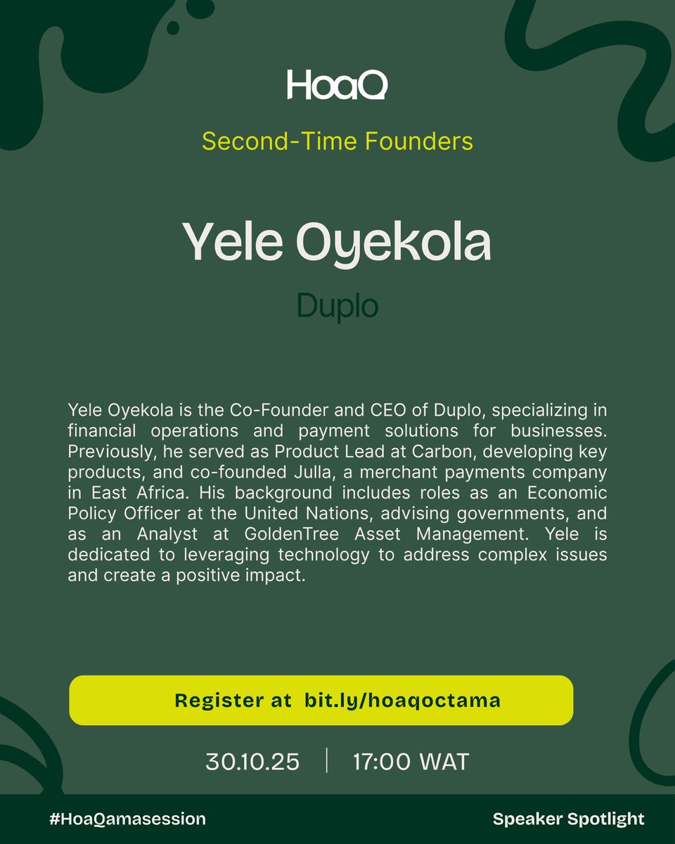 We’re excited to have Yele Oyekola, Co-founder and CEO of <a href="/tryduplo/">Duplo</a>, join us for our upcoming AMA session! 🚀

From leading product at <a href="/get_carbon/">Carbon</a> to co-founding Julla and now building Duplo, Yele has spent his career helping businesses simplify payments and scale smarter.

1/2