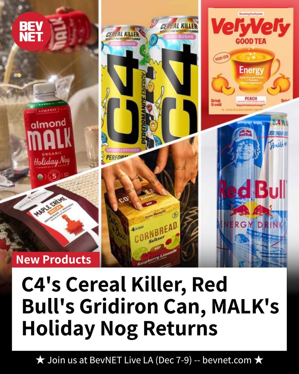 BevNET's tweet image. C4 launches Cereal Killer cereal-flavored energy 🥣; Red Bull debuts a limited can featuring Ohio State WR Jeremiah Smith 🏈; MALK's Holiday Nog returns 🥛. bevnet.com/news/2025/new-…