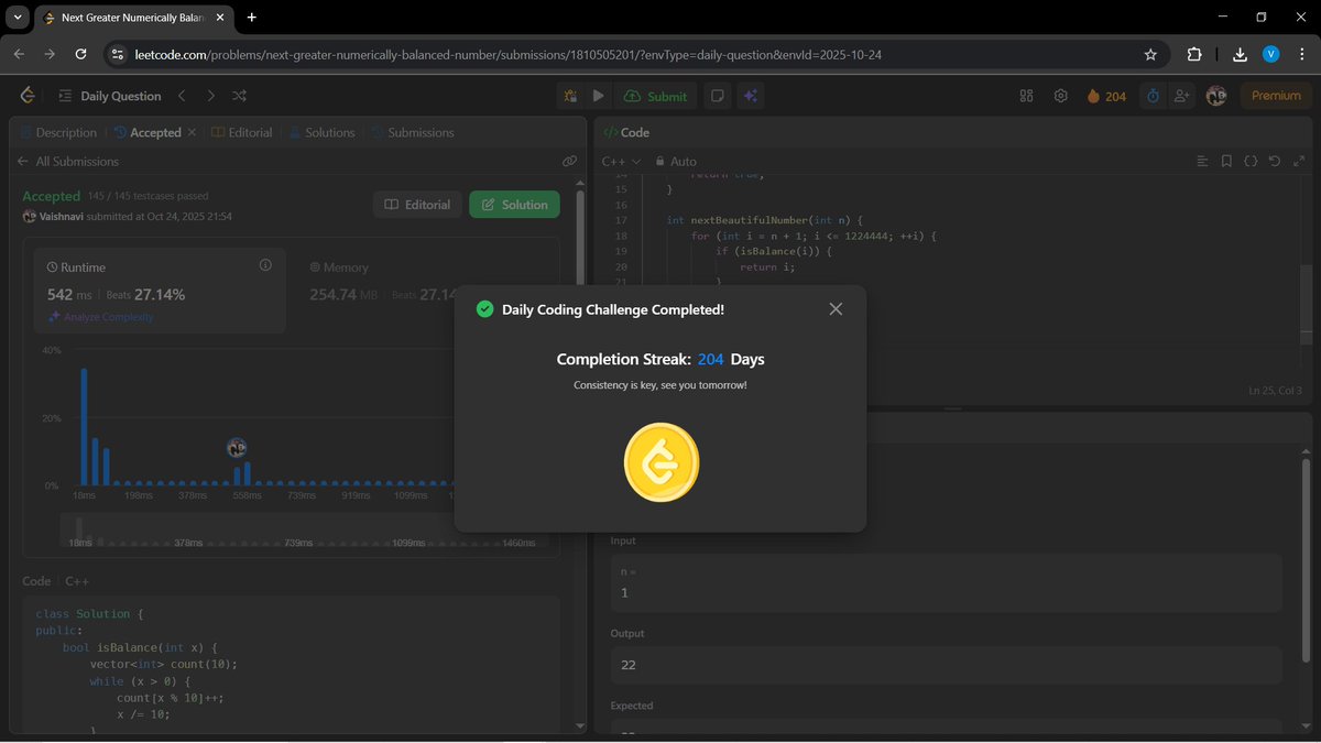 a_gupta30206's tweet image. Hey BitBuddies 💻✨!!
Day 54 of my coding journey 🚀
🟢 LeetCode:“Next Greater Numerically Balanced Number” 🔢⚖️
🟢 GFG:“Split Array Subsequences” 🔗📊
Coding daily isn’t just a habit — it’s momentum in motion 💪
#100DaysOfCode #LeetCode #GeeksforGeeks  #BuildInPublic #CodeNewbie
