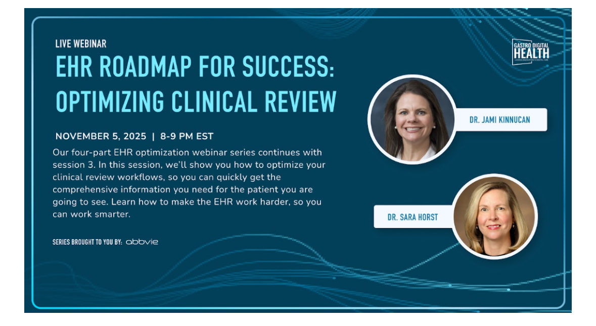 GIDigitalHealth's tweet photo. Do you spend a lot of time trying to find information just to enter a pts visit? 

We are here to help! @HorstIBDDoc @ibdgijami will host @GIDigitalHealth Webinar #3 

Optimizing your time in clinical review- get more info in less time ⏰

Nov 5 8-9p EST 

https://t.co/A4lgicUeTG https://t.co/9Q25VzHYky