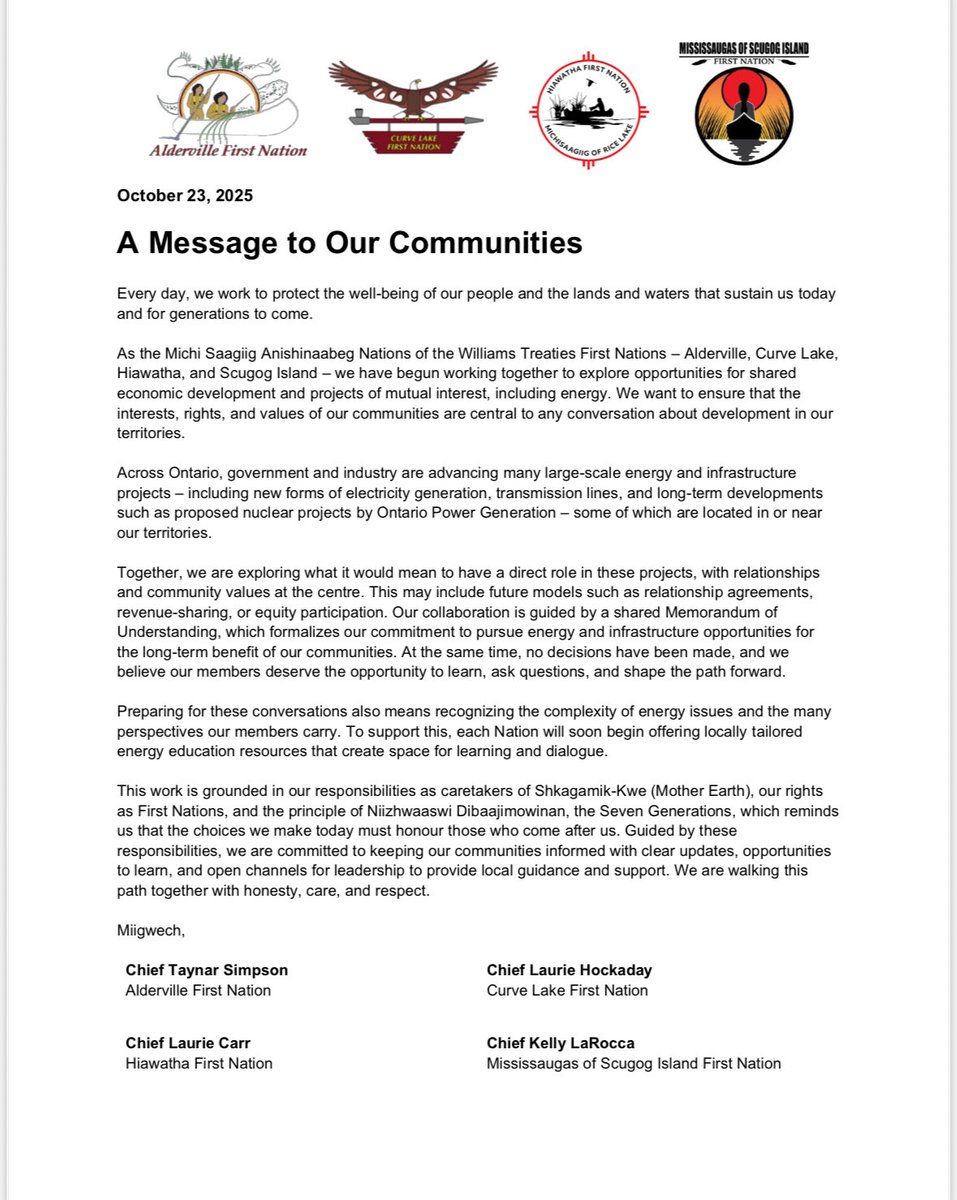 October 23, 2025
A Message to Our Communities
Every day, we work to protect the well-being of our people and the lands and waters that sustain us today and for generations to come.
As the Michi Saagiig Anishinaabeg Nations of the Williams Treaties First Nations - Alderville,