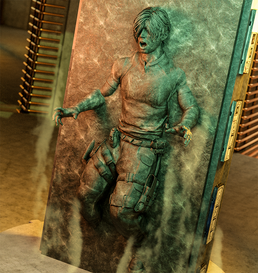 8thSD's tweet image. Kinktober day 24, Carbonite. Leon stumbles onto an Umbrella research facility and attempts to stop another wave of BOW. But the head of security is one step ahead and before he knows it, Leon's become trapped in carbonite, ready to line their walls.