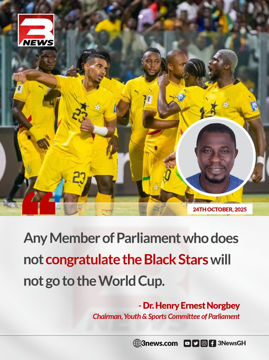 tv3_ghana's tweet image. The Chairman of Parliament's Sports Committee has issued a directive linking MPs' attendance at the 2026 World Cup to their willingness to congratulate the national football team.
#3NewsGH #TV3GH