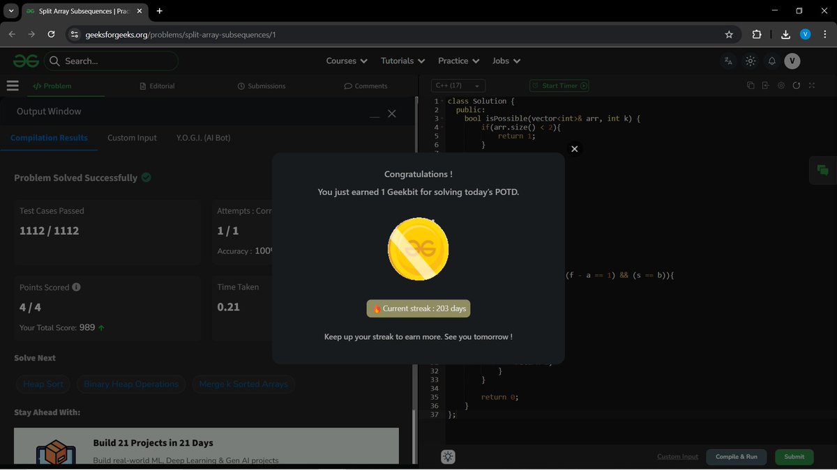 a_gupta30206's tweet image. Hey BitBuddies 💻✨!!
Day 54 of my coding journey 🚀
🟢 LeetCode:“Next Greater Numerically Balanced Number” 🔢⚖️
🟢 GFG:“Split Array Subsequences” 🔗📊
Coding daily isn’t just a habit — it’s momentum in motion 💪
#100DaysOfCode #LeetCode #GeeksforGeeks  #BuildInPublic #CodeNewbie