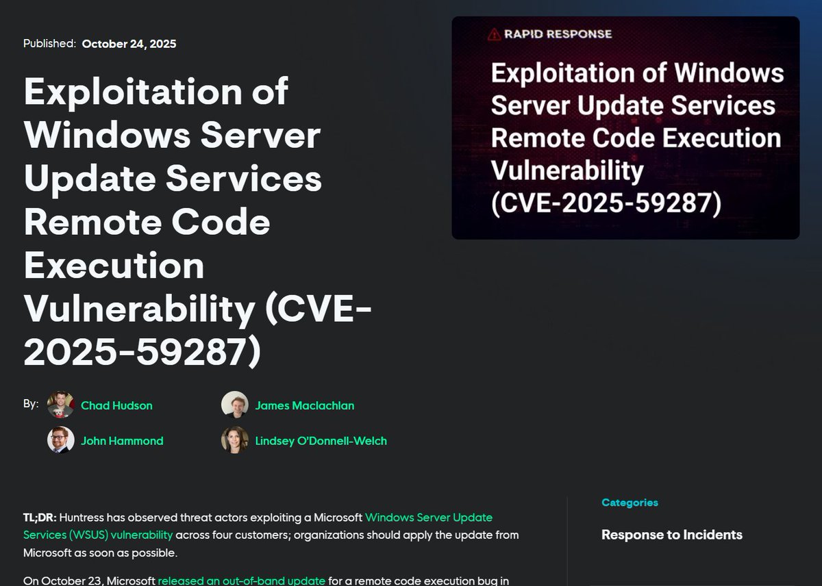 _JohnHammond's tweet image. hey hi hello
we've been seeing summa dat WSUS sussy baka CVE-2025-59287 remote code execution exploitation
windows servers with WSUS ports 8530 & 8531 exposed ( -- why?) getting point-and-shoot popped from a POC already public
huntress.com/blog/exploitat…
prolly limited ITW…